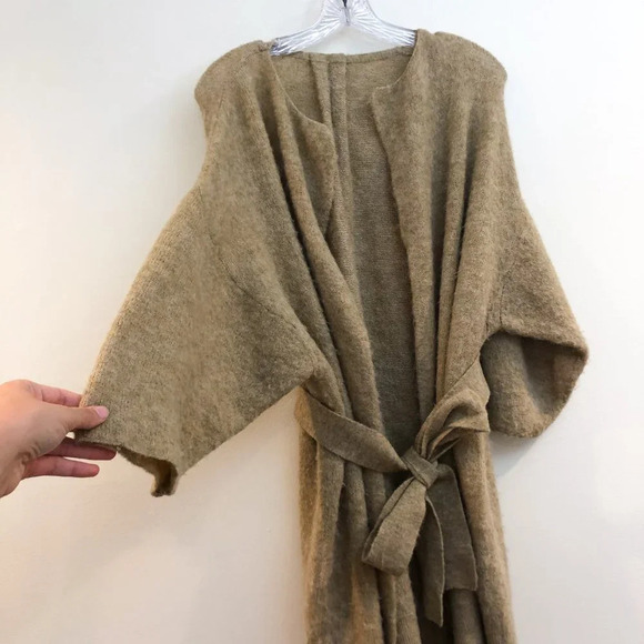 American Vintage Cream Tight Knit Tie Waist Open Quarter Sleeve Cardigan Sweater - Picture 4 of 10